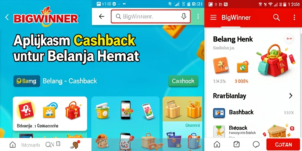 Screenshot utama aplikasi BIGWINNER menampilkan fungsi cashback yang mudah dan menarik.
