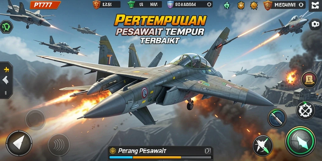 Tampilan utama PT777 menampilkan pesawat tempur dalam aksi pertempuran udara.